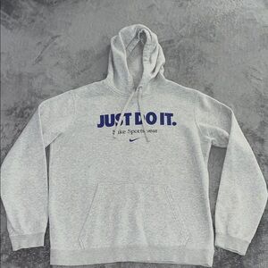 Nike Light Gray Hoodie with Navy Blue 'JUST DO IT.' Text